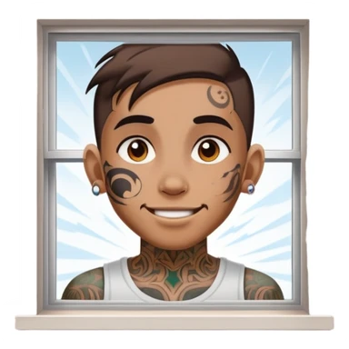 person with face tattoo looking out of window and opens shatters happy sticker