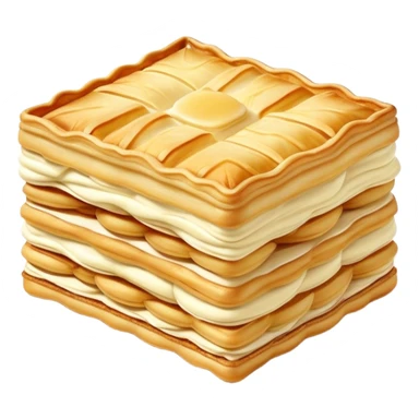Mille-feuille Cinematic Realistic Mille-Feuille Dessert Emoji, depicted as a delicate pastry composed of two crisp layers of puff pastry with a rich cream filling, rendered with intricate textures and elegant, soft lighting. sticker