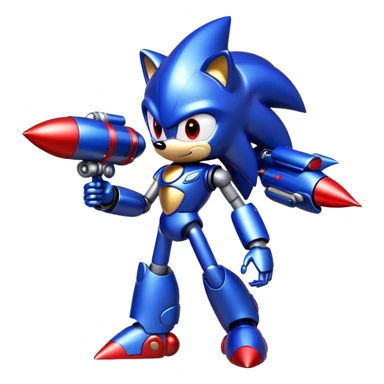 Metal Sonic robot hedgehog with red eyes, metallic blue body, and jet boosters sticker