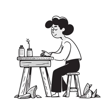 experienced furniture maker at workbench, expressive lines sticker