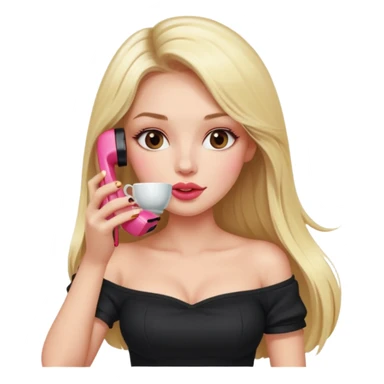 exaggerated features of woman with straight long blond hair, gossiping on a pink analogue phone, holding a tea cup, wearing an off-shoulder black top, red face sticker