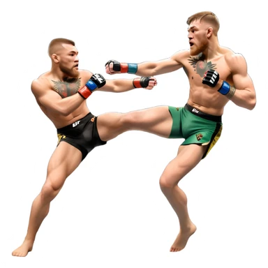 An MMA showdown between Conor McGregor and Anderson Silva in the octagon. McGregor is executing a powerful jumping strike, while Silva is expertly blocking the attack with his forearm. The background features the UFC octagon, fans in the distance, and dynamic action. Transparent background sticker