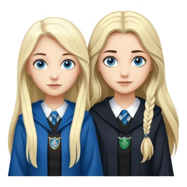 a pretty ravenclaw girl with long dark brown hair and blue eyes standing with a pretty Slytherin girl with long blonde hair, blue eyes sticker