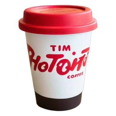 “Red Tim Hortons coffee cup with large white ‘Tim Hortons’ logo in script, black plastic lid, and a simple, clean design.” sticker