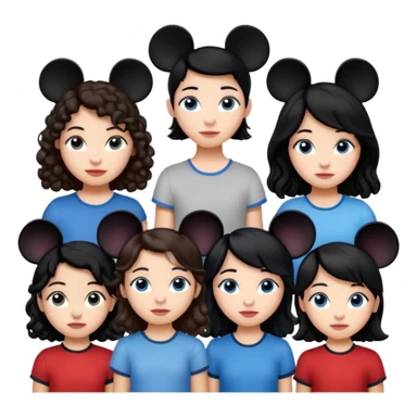 Algo de Disney y por detrás o delante pon a quatro chicas: una con el pelo largo rizado marrón , otra con el pelo muy corto negro, como un chico, otra con el pelo mediano liso marrón con ojos azulesy otra con el pelo negro largo liso . Todos son color carne. Es para el viaje sticker