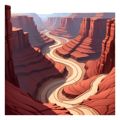 Cinematic Realistic Canyon Emoji, Vast and rugged, with deep red rock formations and winding paths leading down to a dry, dusty floor. Sunlight casts long shadows across the craggy surfaces, highlighting the layers of ancient rock. Soft glowing outline, capturing the essence of dramatic beauty and ancient history in a mighty canyon. sticker