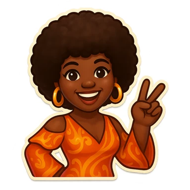 Create an emoji of a female African American in 1970s disco style with a pose with a peace sign, joyful expression, afro hairstyle, and a retro disco dress inspired by the reference. sticker