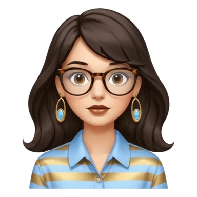 An emoji featuring a woman with long wavy dark brown hair and a whispy bang, wearing thick tortoise SQUARE glasses, gold drop earrings. She has long lashes and a nude browny glossy lipstick. She's wearing an oversize light blue shirt with white vertical strips. sticker