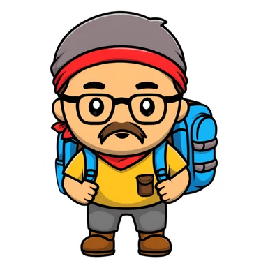 adventurer with goatee beard (no beard on cheeks), short hair, glasses, bandana on head and backpack sticker