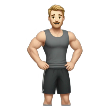 Full height Actively gesturing with hands Pale skinned Fit Man With the biceps and brown hair in dark gray Sleeveless Mike, black oversize sports shorts, watch and white Sneakers sticker