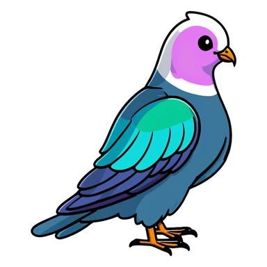 Nicobar pigeon with colorful iridescent plumage, distinctive long neck feathers, and white tail sticker