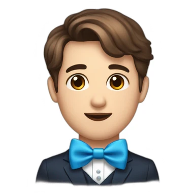 A obèse young male tennager with a beauty spot on chin with a round face and very short brown hair and a mole on chin wearing a blue bow tie sticker