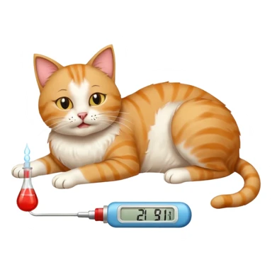 cat with thermometer in mouth, lying on its back, sick sticker