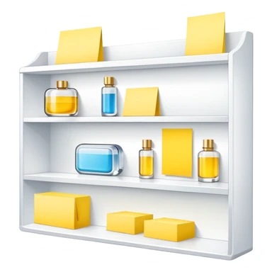 big long white shelf with luxury brand serum and big sticky note sticker