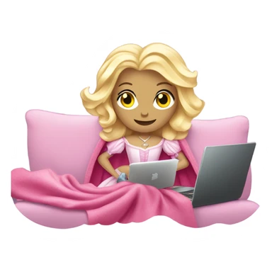 White and blonde Glinda from wicked in her pink dress with scepter has fever coverd by a blanket on the couch with laptop on her legs sticker