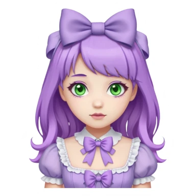 sweet lolita with pastel purple hair, green eyes, white skin, wearing a lilac dress with purple bows sticker