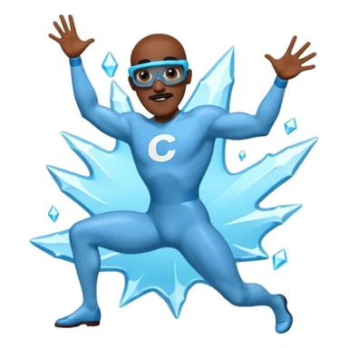 Frozone character in retro stickers style, dynamic pose, icy effects, bold outlines, vibrant colors he says "c'est carré dans l'axe" sticker