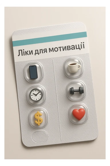 Create an ironic 3D illustration of blister pack tablets in the style of a pharmacy product, but with a satirical twist.
Instead of regular capsules, there should be miniature symbolic objects inside that represent a ‘cure’ for a specific modern problem, condition, or desire.
Title: "Ліки для мотивації". sticker