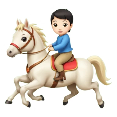l little chinese baby riding on a  cute horse running really fast on the grass with 2026 year's label sticker