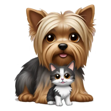 A Yorkshire terrier dog and a Scottish cat, the color of raccoon fur, sit together sticker