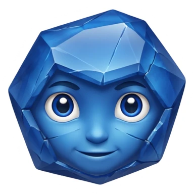 A single sapphire-blue faceted rock head, chunky and worn, with a few visible cracks and chipped facets but still shiny, big kind eyes and a confident smile, 3D game asset, centered on dark background, no body, no other elements. sticker