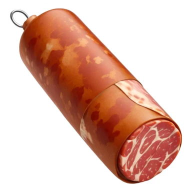whole dry-cured pork sausage cylindrical shape rustic wrinkled casing beige-grey tones cleanly sliced end marbled interior deep red meat white fat compact speckled soft lighting subtle shadows emoji scale sticker