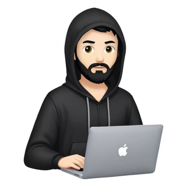 hackeur blanc cheveux noir barbe et capuche noir avec un macbook sticker