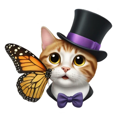 A surprised cat with a mustache and a top hat, a butterfly with big surprised eyes, an Englishman  sticker