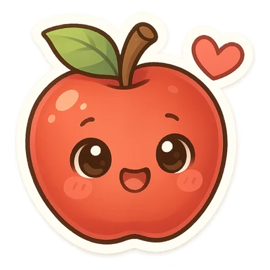chibi sticker-style apple with a heart accent, cute and exaggerated sticker