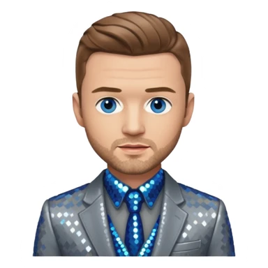 Justin Timberlake with light brown hair, blue eyes, sequin grey suit jacket sticker
