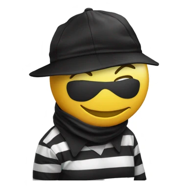A yellow-faced emoji with a black mask, striped shirt, and a black cap smiles while holding a dollar-signed sack. The expression is friendly and playful. sticker