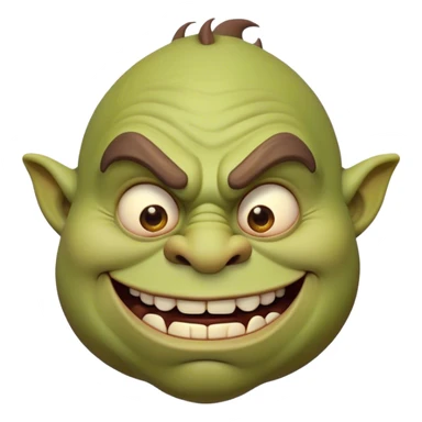 Cinematic Comical Ogre Portrait Emoji, with a strikingly exaggerated, bulky figure in vivid earthy greens and browns, head tilted in a dramatically surprised expression with wide, comically bulging eyes and a goofy, oversized grin, simplified yet hilariously exaggerated, highly detailed with a soft, cartoonish glowing outline capturing the playful absurdity of a meme-worthy ogre! sticker