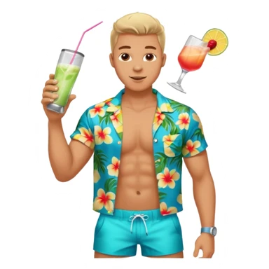 human male Unbuttoned Hawaiian shirt, swim trunks, shaking a cocktail shaker (sparks flying) sticker