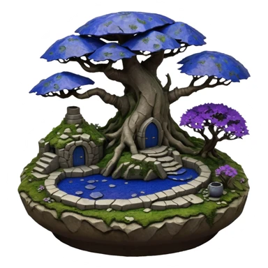  Ancient saucer-castle jungle winding trail mountainside getaway haunted nighttime hobbit landscape antique mudman very old broken cracked intricately detailed Stone Age lapis-crusted irregular dodecagon-shaped shallow dark moss rough bark violet flowered maple bonsai Saikei coffee table-sized pot  sticker