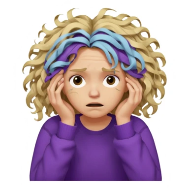 Emoji-style illustration of a frustrated young woman, messy, tangled, curly tousled blonde hair, clearly unkempt and chaotic, wearing a purple sweater, holding her face in her hands, expressing annoyance and disappointment, cartoonish, expressive, simple lines, flat colors, clear silhouette,  sticker