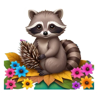 Collage of an exotic raccoon and a hedgehog, both with cute expressions, sitting together on a bed of colorful leaves and flowers. The raccoon is holding a shiny object, while the hedgehog curls up in a playful pose. Bright, nature-inspired background with vibrant colors. sticker