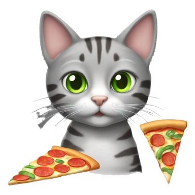 Gray tabby cat with green eyes eating a slice of pizza sticker