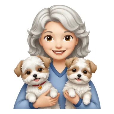 silver, short, wavy-haired with loose curls, smiling pretty lady holding a white terrier and a white/tan shih tzu dog sticker
