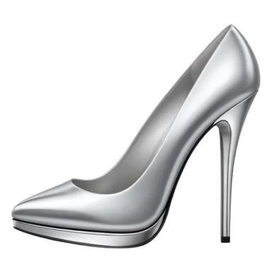 A pair of high heel shoes emoji made of polished silver chrome, elegant sharp silhouette, smooth metallic surface, glossy reflections, luxury sexy vibe, minimalistic iOS emoji style, centered, clean white background sticker