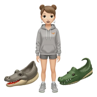 can you make a white girl with brown hair that is in a bun  and brown eyes and a normal white person nose and then she is wearing a grey hoodie mclaran formula 1 and wearing dirty white crocs with taylor swift gibits, 3 on each croc and she has 4 ear peiecings and hoop and stud and black shorts
 sticker