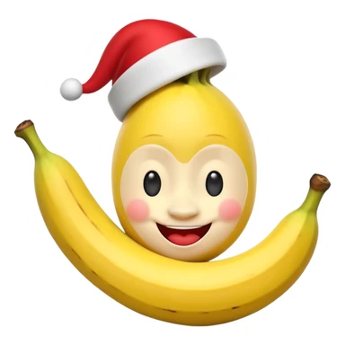 A 3D cartoon banana with a red nose and tiny hat, smiling face, playful pose, Memoji-style. sticker