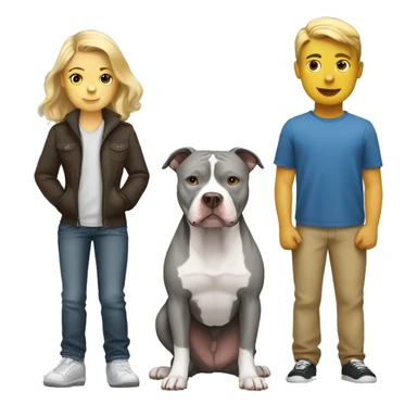 Gray Pitbull standing with white boy with brown hair and blonde girl sticker