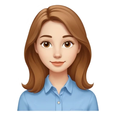 Young adult woman with oval delicate face, soft features, fine jawline, bright friendly smile, large expressive light brown almond eyes, medium arched eyebrows, proportional nose, defined lips, long light brown hair with gentle waves, wearing a casual feminine-cut light blue shirt sticker