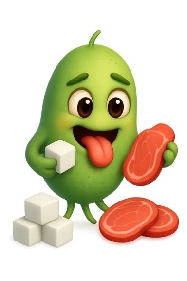 emoji stile iphone realistica di un batterio della candida con espressione affamata che si nutre di zollette di zuccheri e fettine di carne, IPERREALISTICO 4K sticker