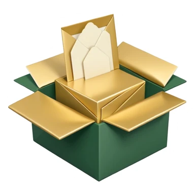 3D minimal open box with multiple envelopes floating out of it, matte finish, deep green (#0B3D2C) box, cream white (#F5F5DC) envelopes, subtle gold (#C9B037) accents, Apple style, ultra sleek, soft shadow, transparent background sticker