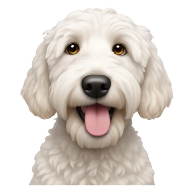 White golden doodle with pink nose sticker