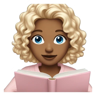 Beautiful girl with blue eyes and wavy hair, with a light blue outfit smiling Pretty blue eyed white girl with light pink sweater reading cozy sticker