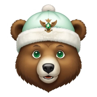 Cheerful brown bear head with emerald green eyes wearing white winter ushanka hat with double-headed eagle symbol centered, Russian themed sticker