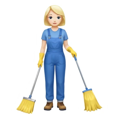 middle-aged women, Custodian with yellow rubber gloves, white T-shirt, blue overalls, mopping floor sticker