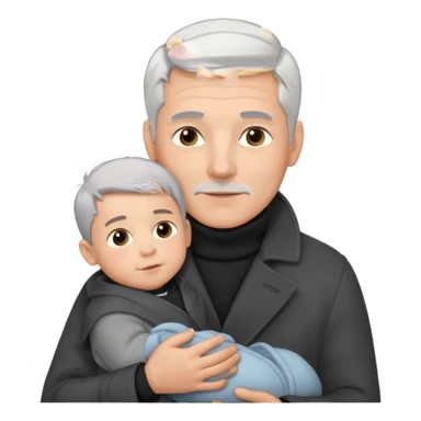 A father with silver-grey hair styled neatly and a clean-shaven face, wearing a dark turtleneck and wool coat, holding his baby sticker